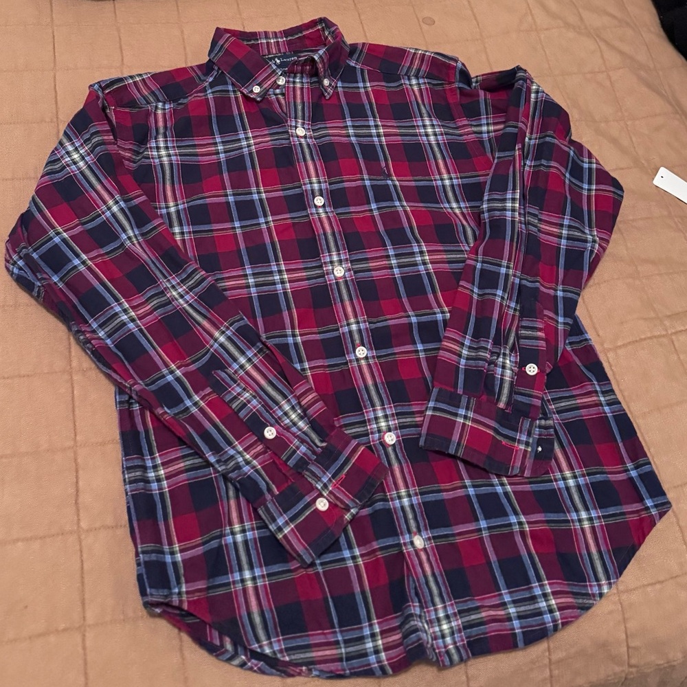 Ralph Lauren Boys Red/Blue Plaid Pattern Button Down Shirt 100% Cotton